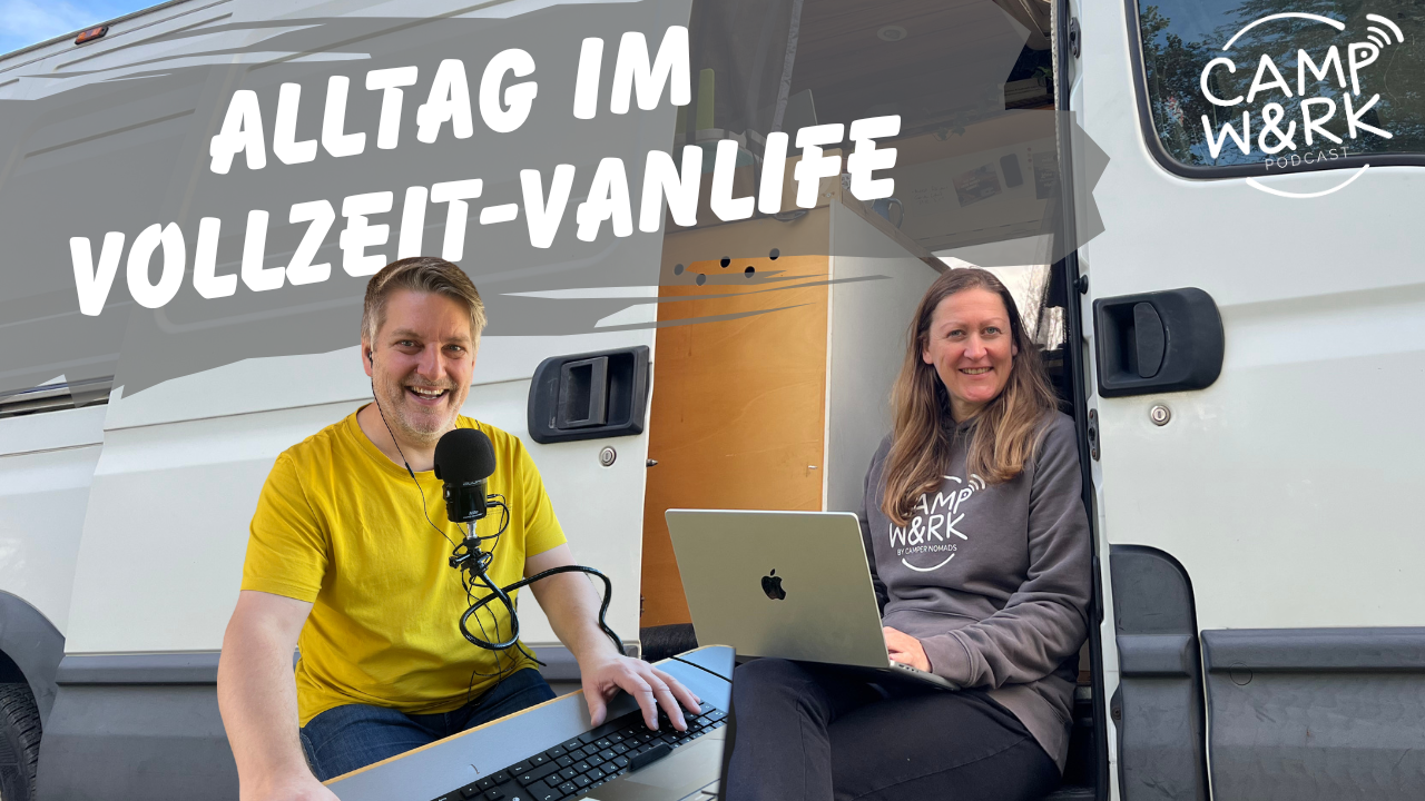 Podcast Vanlife-Alltag Vollzeit-Vanlife Anja und André mit Camper im Hintergrund