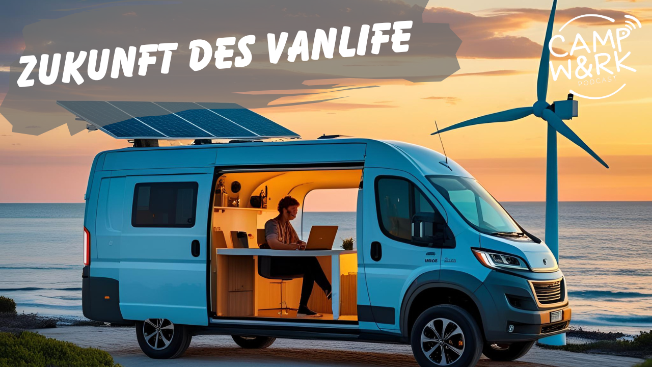 KI-Bild, Camper am Strand mit Solar und Windrad im Hintergrund